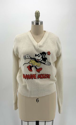 Vintage 60s 70s Disney Character Fashions Minnie Mouse Knit V Neck Sweater L