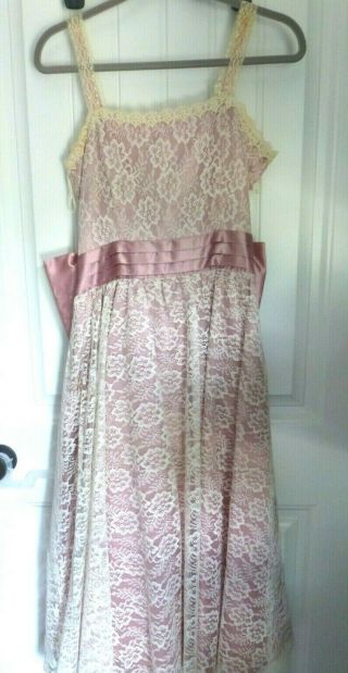 Vtg 70s Gunne Sax Rose Sheer Lace Dress Tea Length Satin Box Size 11,  Crinoline