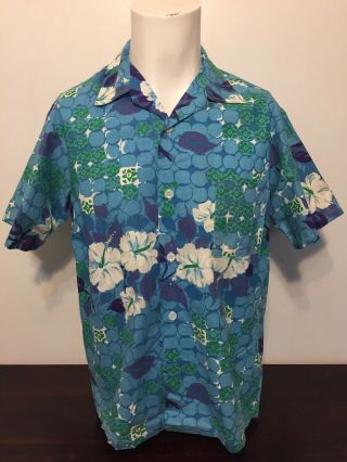 Vintage 60s Blue Green Floral Hawaiian Aloha Shirt M Tiki Purple White Flowers