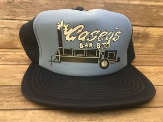 Vintage Casey’s Bar - B - Q Mens Blue Trucker Hat Rare Snapback Cap