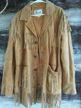 Vintage Mens Brown Berman Buckskin Coat Suede Leather Fringe Jacket Size 42 M - L