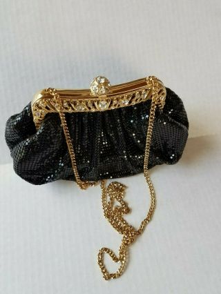 Vintage Whiting & Davis Jeweled Gold Frame With Chain Black Mesh 2940 Handbag