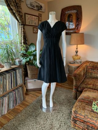 Vintage 1940s 50s Black Taffeta Knife Pleat Dress Velvet