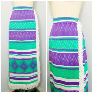 Vintage 70s Indian Blanket Wrap Skirt Size S Small Festival Hippy Aztec Fringe