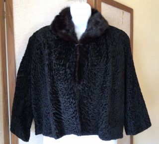 Vintage 1960s S Black Persian Lamb Mink Curly Black Fur Swing Coat Jacket