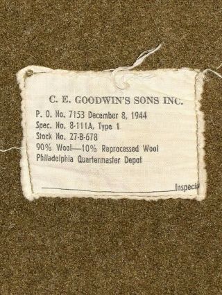WWII US ARMY GI WOOL BLANKET Type 1 C.  E.  GOODWIN ' S Sons Inc 1944 2