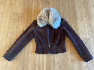 Vintage Brown Suede Jacket Winter Coat Fur Collar Silk Lining Never Worn