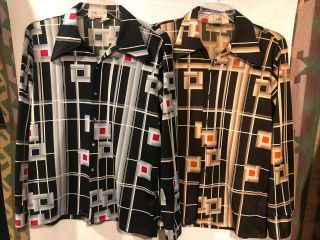 Two Vintage 1970’s Matching Fame Polyester Print Disco Shirts Made Usa Men’s Xl