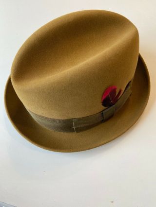 Vintage Knox York Mens Felt Fedora Hat With Feather Size 7 - 1/8 Gold Brown