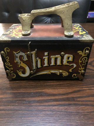 Vintage Wooden Shoe " Shine " Box Circus Theme Cast Iron Footrest 5 Cent