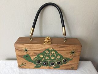 Vintage Enid Collins Texas Poki Turtle Wood Box Purse