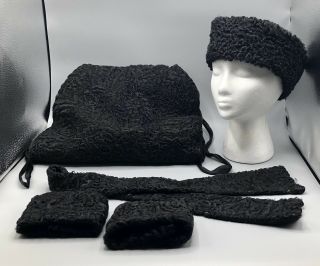 Vintage Persian Black Curly Lambs Wool Ladies Muff/purse Hat Collar & Cuffs Set