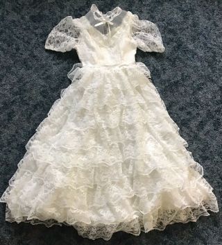 White Ivory Lace Ruffle Long Dress First Holy Communion Girls Vintage 70 80’s 8