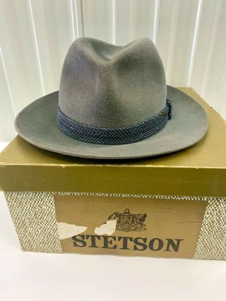 Vintage Grey Felt Stetson Sovereign Fedora Hat & Box Size 7 1/8