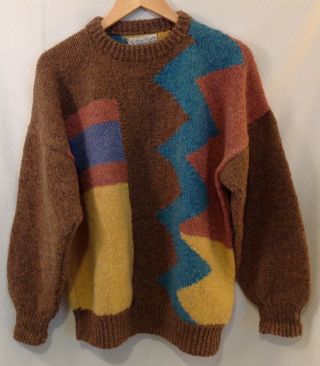Vintage Cottage Craft Multi - Color Hand Knit Crew Neck Wool Sweater Men 