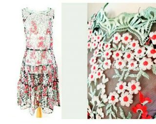Vintage Modcloth Semi Sheer Embroidered Floral Dress Sz M L 8 10 12