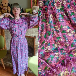 Vintage 80 Diane Freis Fres Dress Sheer Purple Floral V Neck Pleated Ruffle Maxi