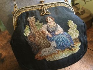 Antique Fine Petit Point Tapestry Purse Bag With Woman & Lamb Sheep