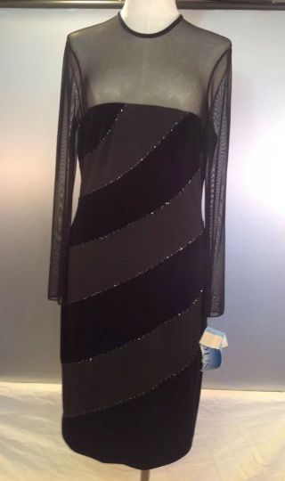 Vintage Sheer Dusk Size 14 Black Velvet Beaded Asymmetrical Evening Dress 1990 