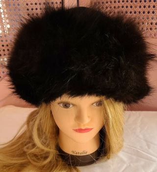 Vintage 1960s Round Black Velvet Hat Wide Dark Brown Fox Fur Trim Boho 22 In.