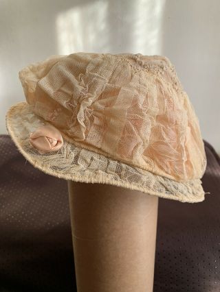 French Edwardian Girl Tulle Bonnet Hand Embroidered,  Lined With Pink Silk