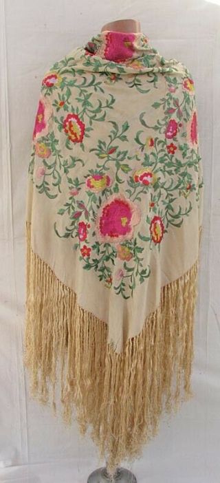 Vintage 1920s Silk Piano Shawl With Multi - Color Floral Embroidery & Long Fringe
