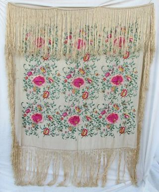 Vintage 1920s Silk Piano Shawl with Multi - Color Floral Embroidery & Long Fringe 2
