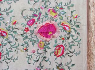 Vintage 1920s Silk Piano Shawl with Multi - Color Floral Embroidery & Long Fringe 3
