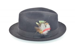 Mallory 1950s - 1960s Black Fur Felt Fedora Band Feather Hat Men 