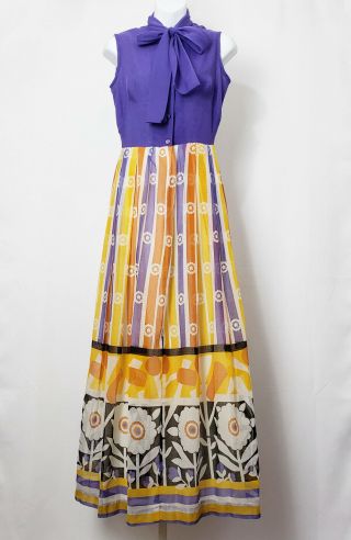 Vintage 70s Dress Purple Orange Yellow Stripe Floral Print Maxi Long Misses S M