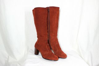 Vintage 60s 70s Brown Suede Knee High Boots 9 D Zip Up Wood Stacked Heel Vg,