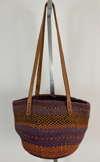 Vintage Sisal Hand Woven Jute African Market Bag/tote/basket With Leather Straps