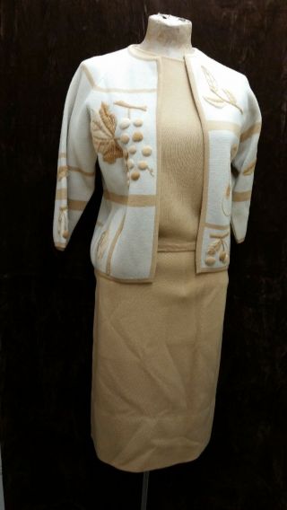 Vintage 1960 ' s Cream Golden Yellow Wool Knit Skirt Suit by Savoia de Italia M 2