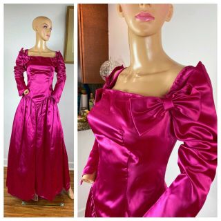 Vintage 80s Party Prom Polka Shiny Pink Satin Long Sleeve Winter Glam Dress M