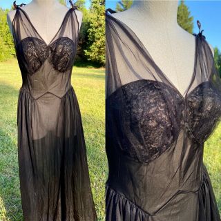 Vtg Vanity Fair Negligee Nightgown Goddess Nylon Chiffon Overlay Black S M 34