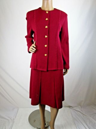 Vintage Castleberry Knits Skirt Suit Size12 Deep Red Gold Buttons Pleated Skirt