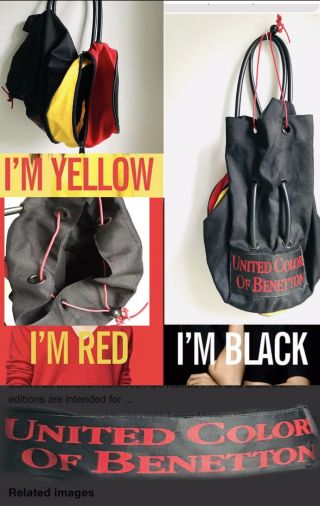 Rare 1980s United Colors Of Benetton Black Duffel Bag Red Licorice Drawstring