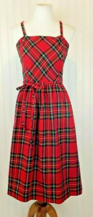 Vintage 60s Wrap Jumper Dress Red Tartan Wool Christmas Holiday Plaid Xs S 4 6