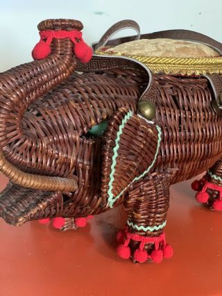 Vintage Wicker Elephant Basket Purse Pom Poms Rick Rack Jadite Marble Eyes