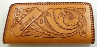 Vintage Hand Tooled Leather Wallet Monogrammed June Kisslock Checkbook Holder