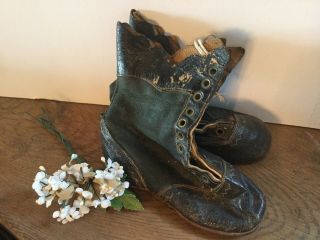 Antique Victorian Black Leather & Fabric Lace Up High Top Baby Child Boots Shoes