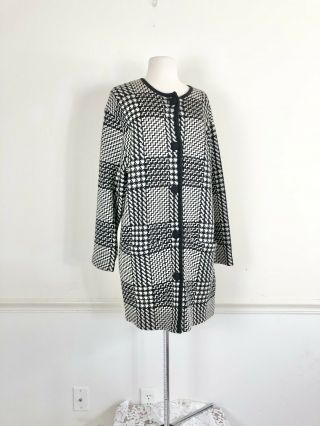 Vintage 90’s Andrea Jovine 100 Wool Black White Houndstooth Long Sweater Coat