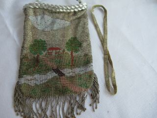 Antique Vintage Collectable Micro Beaded Scenic Purse Fringed 3 X 5