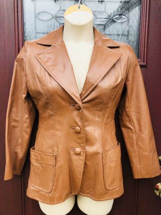 1970’s Retro Caramel Brown Leather Jacket Blazer Womens Size M 12 Vintage Mod