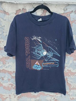 Vintage 90s Star Wars Star Tours T Shirt Single Stitch Interceptor Vtg Tee Sz L