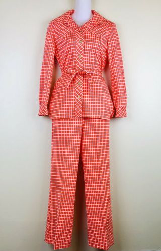 Vtg 70s Orange White Checkered Plaid Polyester Leisure Pant Shirt Suit Sz M/l