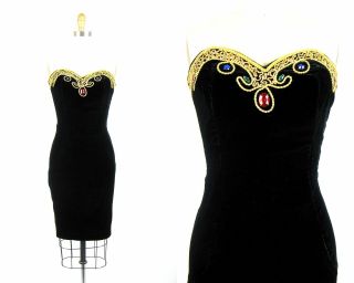 Vintage 1980s Black Velvet Jeweled Dress 80s Strapless Velvet Dress Size S/m