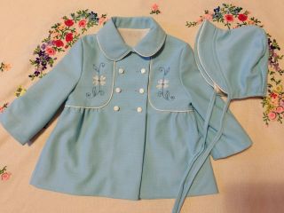 Vintage Girls Embroidered Blue Dress Coat With Hat 2t