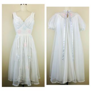 Vtg 50s 60s Gotham Floral Embroidered Peignoir Set Robe & Nightgown Small 32