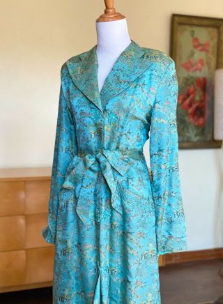 Vintage 1940s Asian Silk Brocade Robe Lingerie Dressing Gown Coat Aqua Quilted